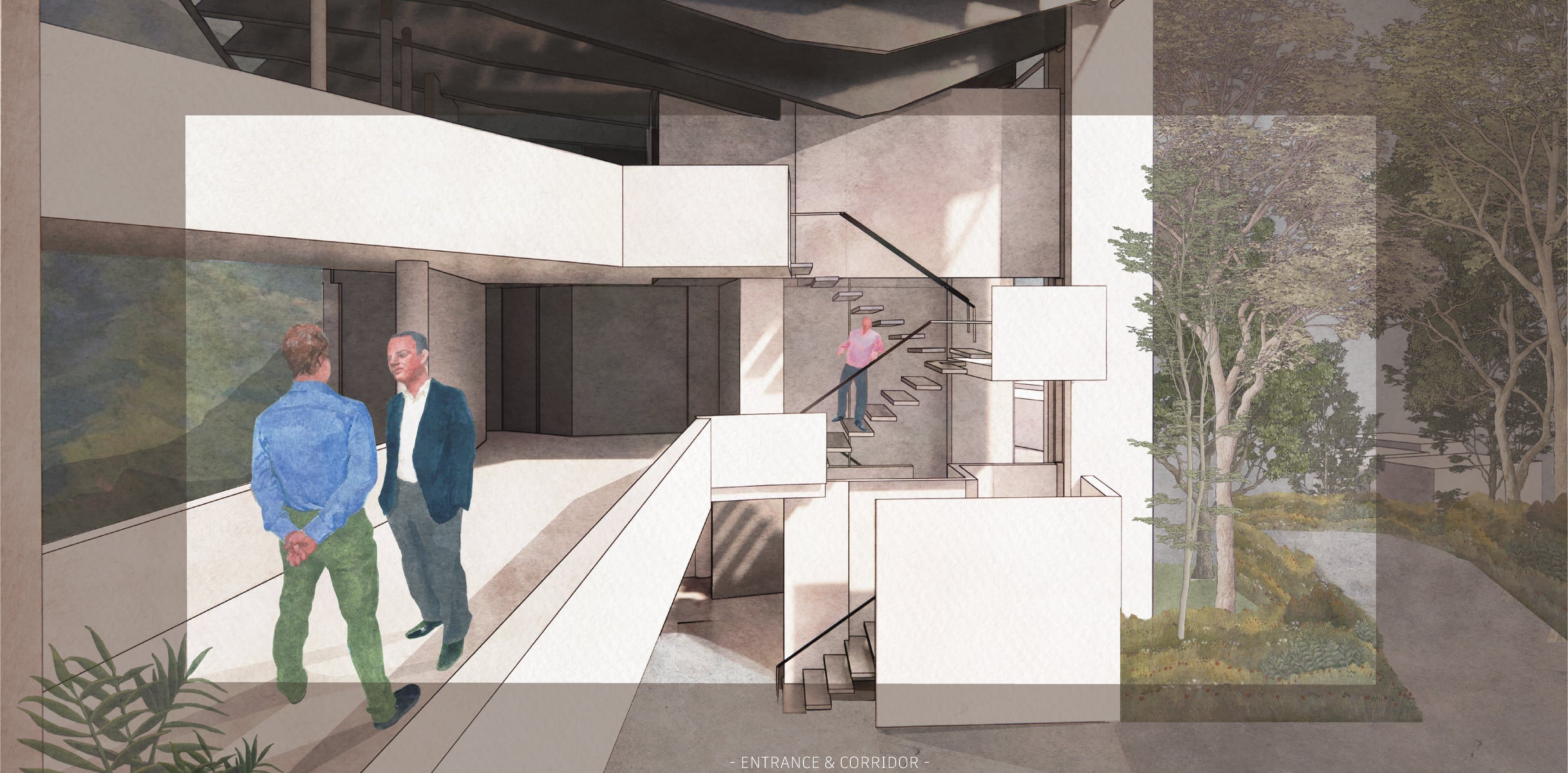 Entrance and corridor — figures crossing a bridge walkway past a floating stair, trees and hillside pressing in at the threshold