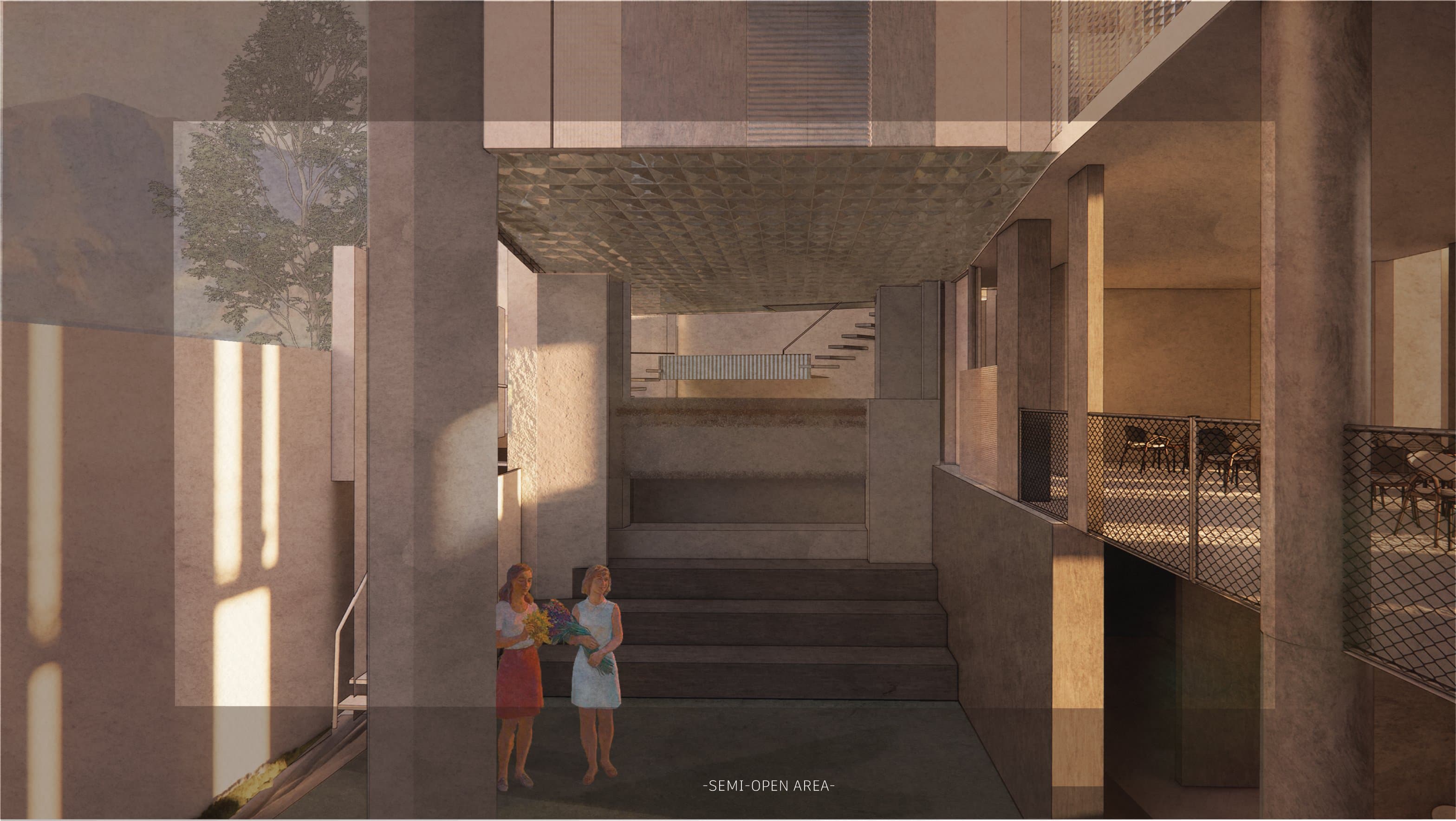 Semi-open area at dusk — two figures with flowers beneath the faceted kinetic ceiling, steps rising toward the upper wing