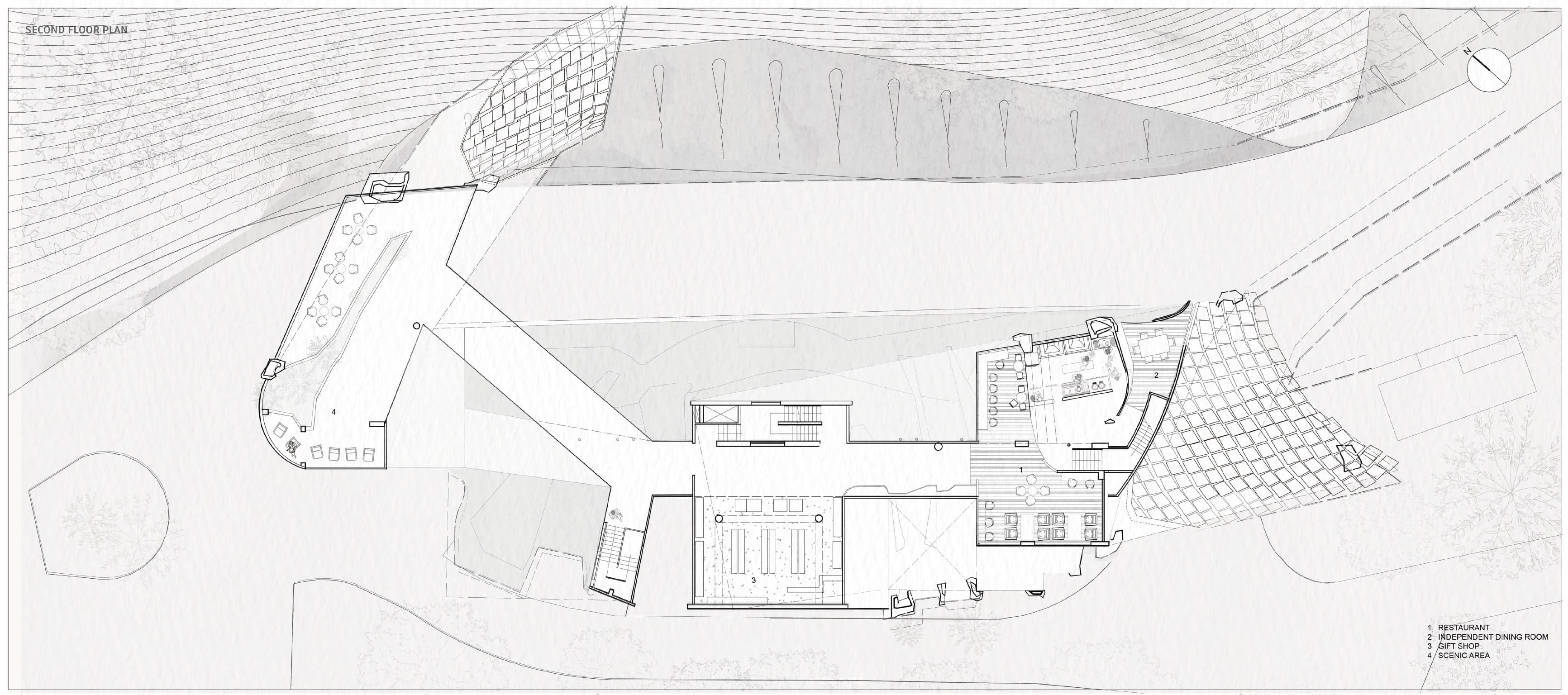 Second floor plan — restaurant, independent dining room, gift shop, and a scenic viewing wing extending across the road toward the mountain
