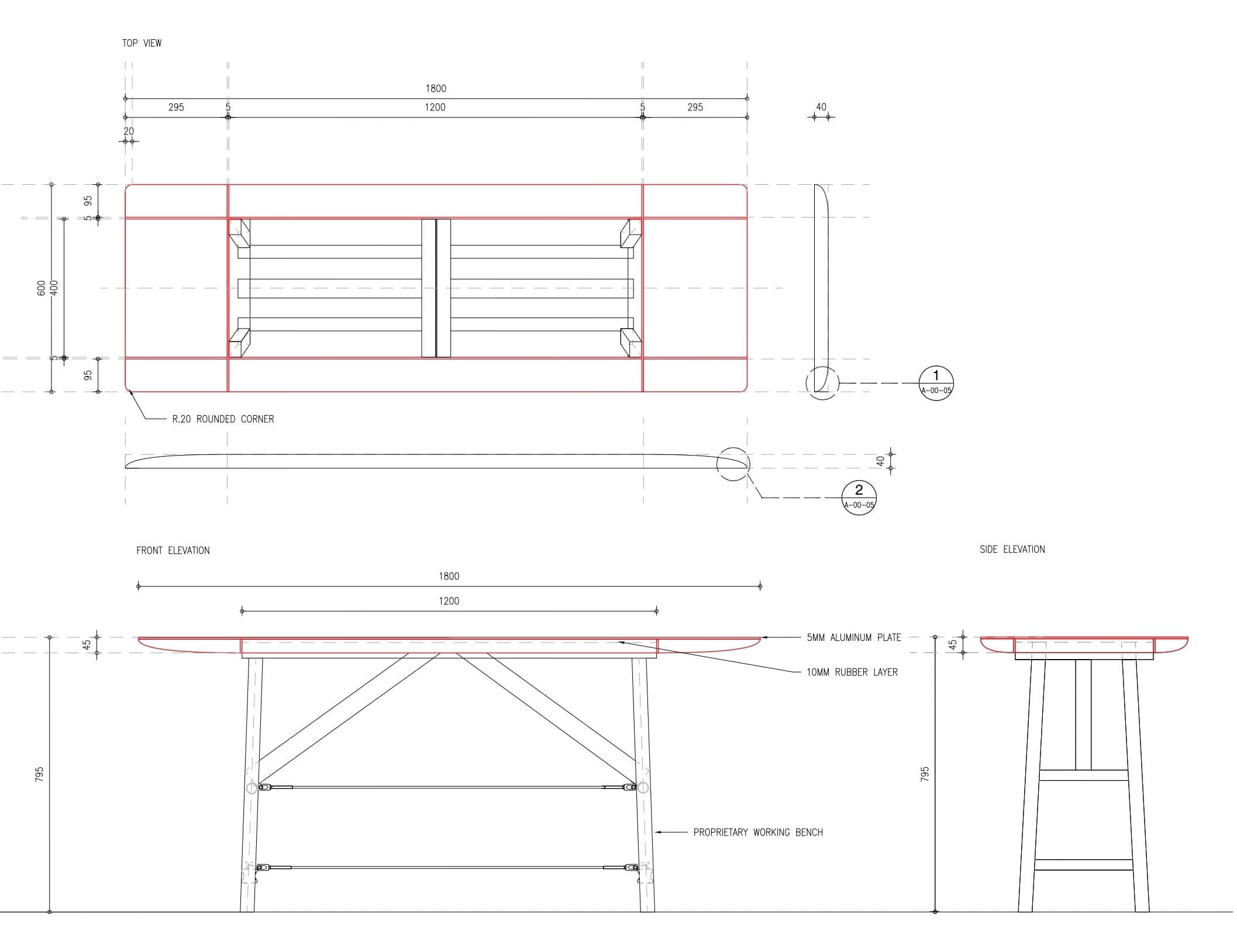 Table detail drawing — top view, front and side elevations of the exhibition table: a 5mm aluminium plate over a 10mm rubber layer, 1800 by 600 top with R.20 rounded corners, resting on a proprietary working bench