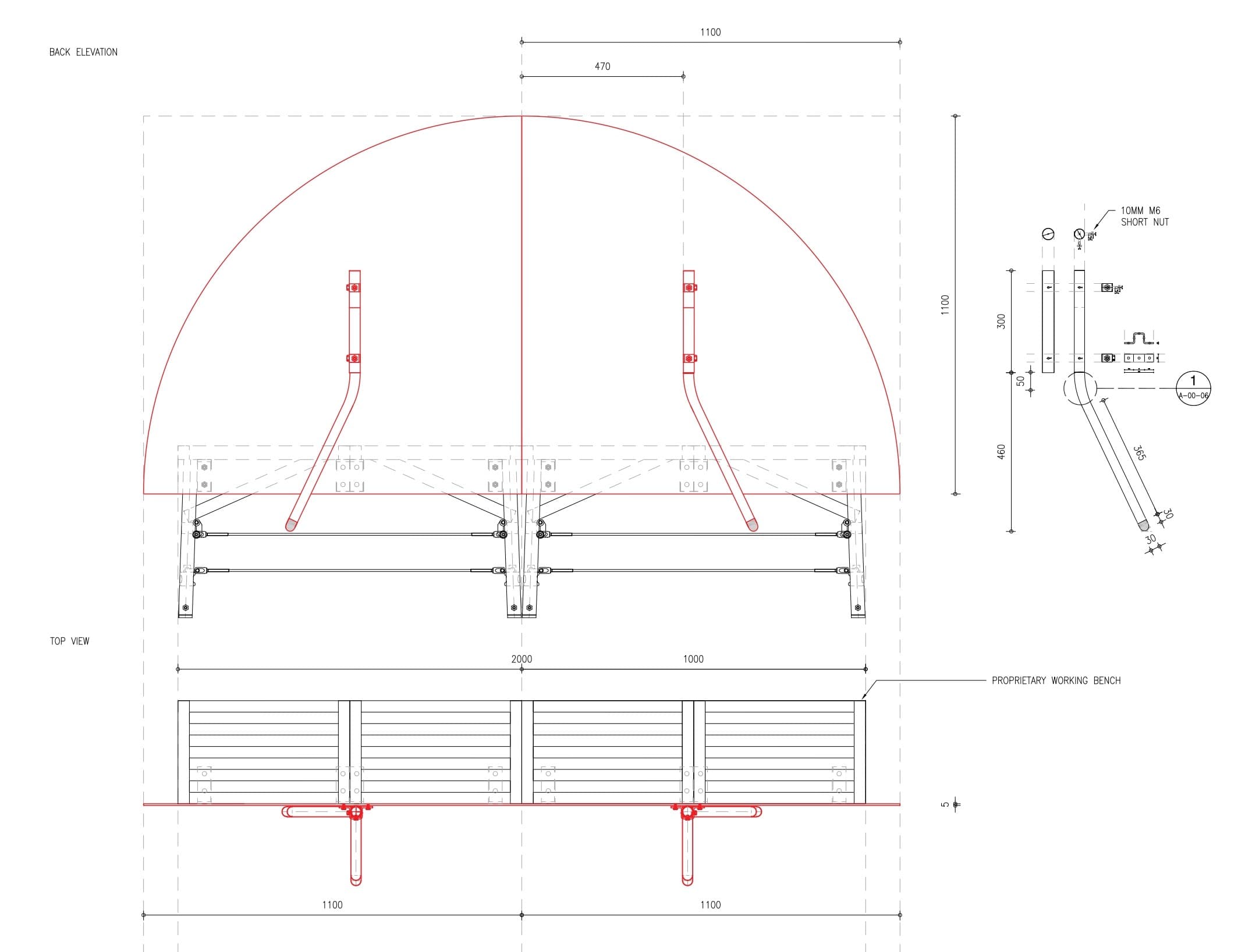 Bench detail drawing — back elevation and top view of the semicircular steel backrest plates mounted on bent tube legs behind two proprietary working benches, with an exploded fixing detail using 10mm M6 short nuts