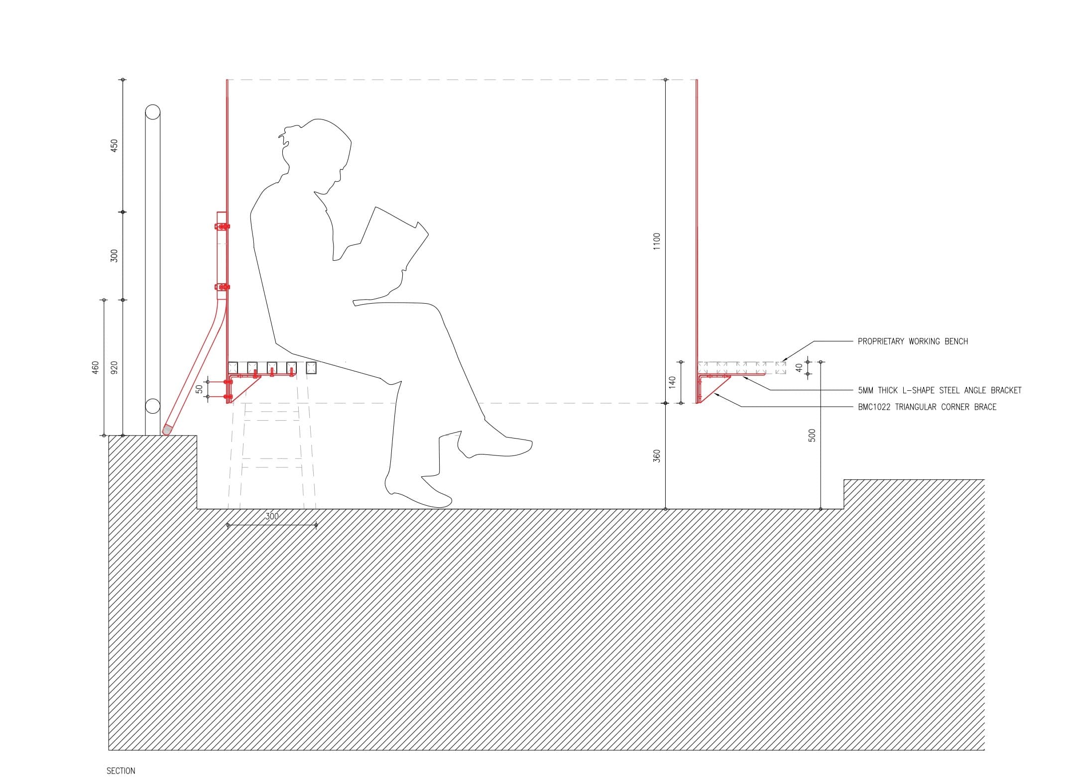 Bench section drawing — a seated figure reading against the semicircular backrest, with the seat carried on 5mm L-shape steel angle brackets and BMC1022 triangular corner braces