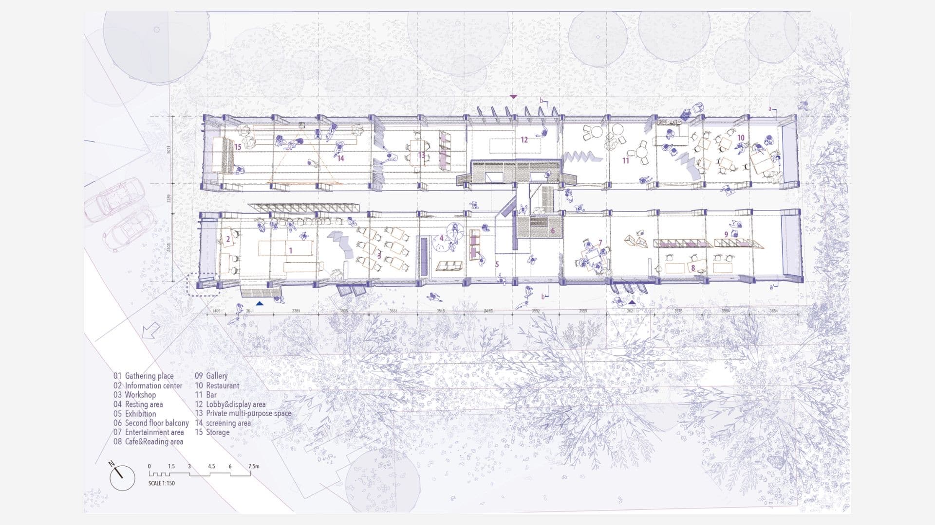Master plan of the two heritage rows — fifteen programs from gathering place and workshop to gallery, bar, and storage threaded between the existing brick columns