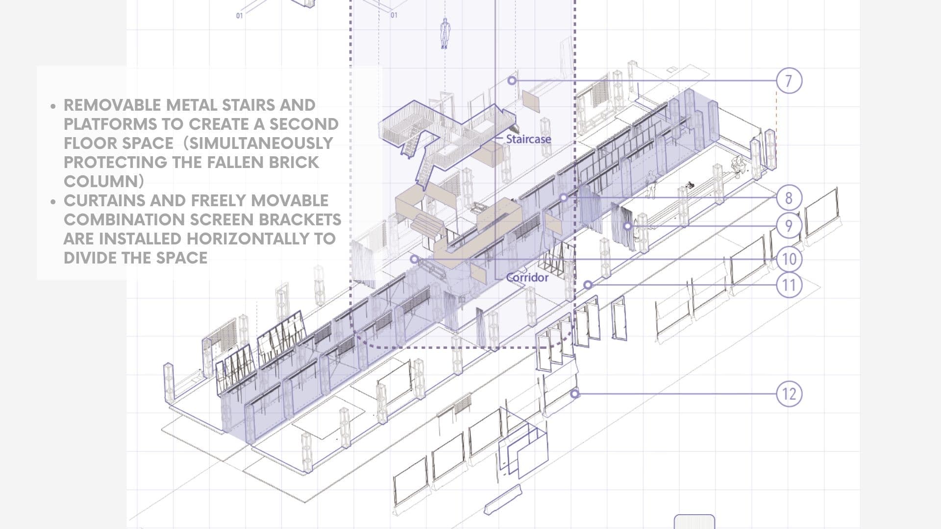 Exploded axonometric of the interior system — removable metal stairs and platforms forming a second floor, with curtains and movable screen brackets dividing the long space