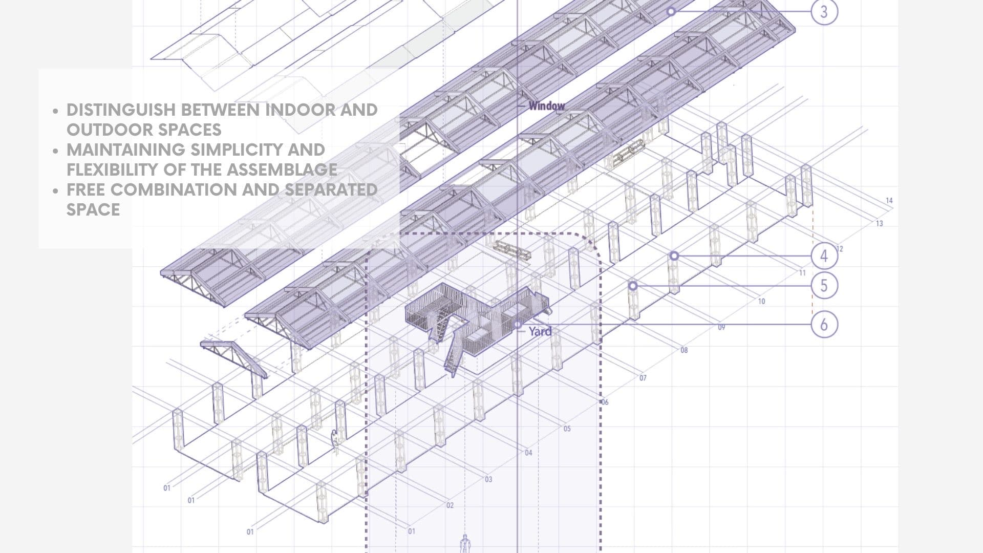 Exploded axonometric separating roofs, windows, and yard — the second-floor platform hovering over the courtyard between the two rows