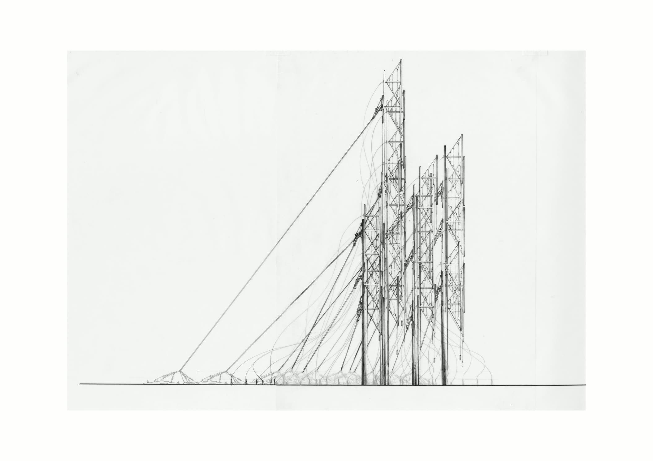 Shadow City — monumental elevation of the steel megastructure, trussed towers rising from a single ground line, capsules and anchor cables sweeping down to grounded machines