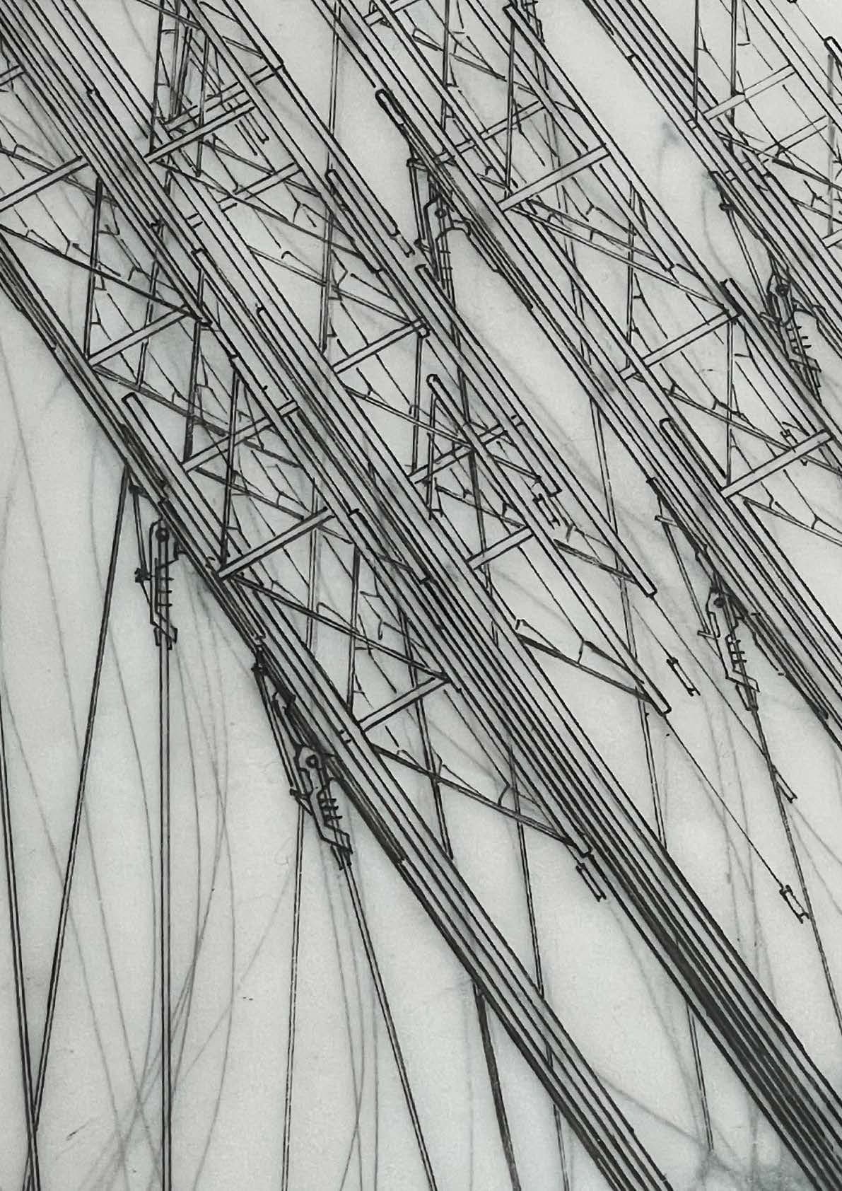 Diagonal detail of the trussed superstructure — layered chords, bracing, and clamp fittings where capsule hangers lock onto the frame