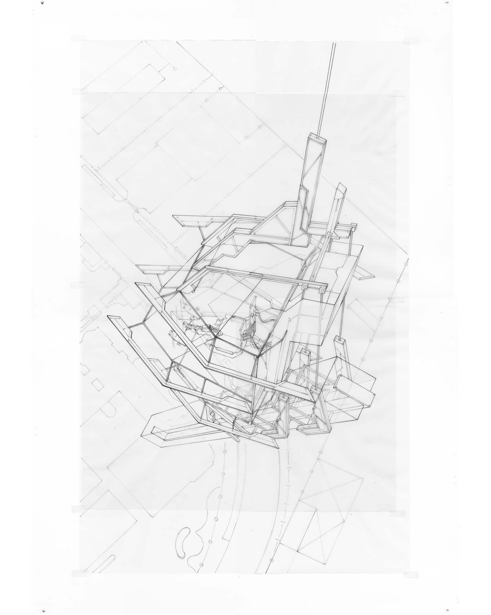 Full axonometric pencil drawing of a single capsule dwelling — a faceted shell of steel framing and glazing suspended over the Sham Shui Po street plan, a supply riser running up through it