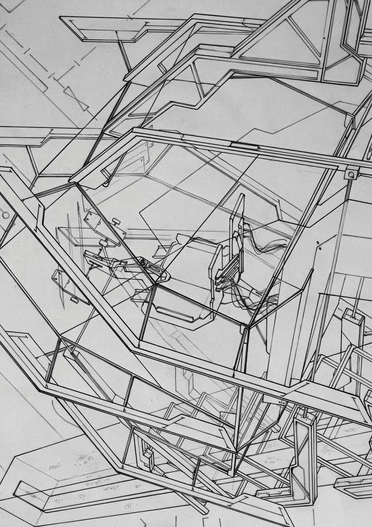 Pencil perspective inside the capsule — folded structural plates enclosing a seat, worktable, and service panel trailing supply lines