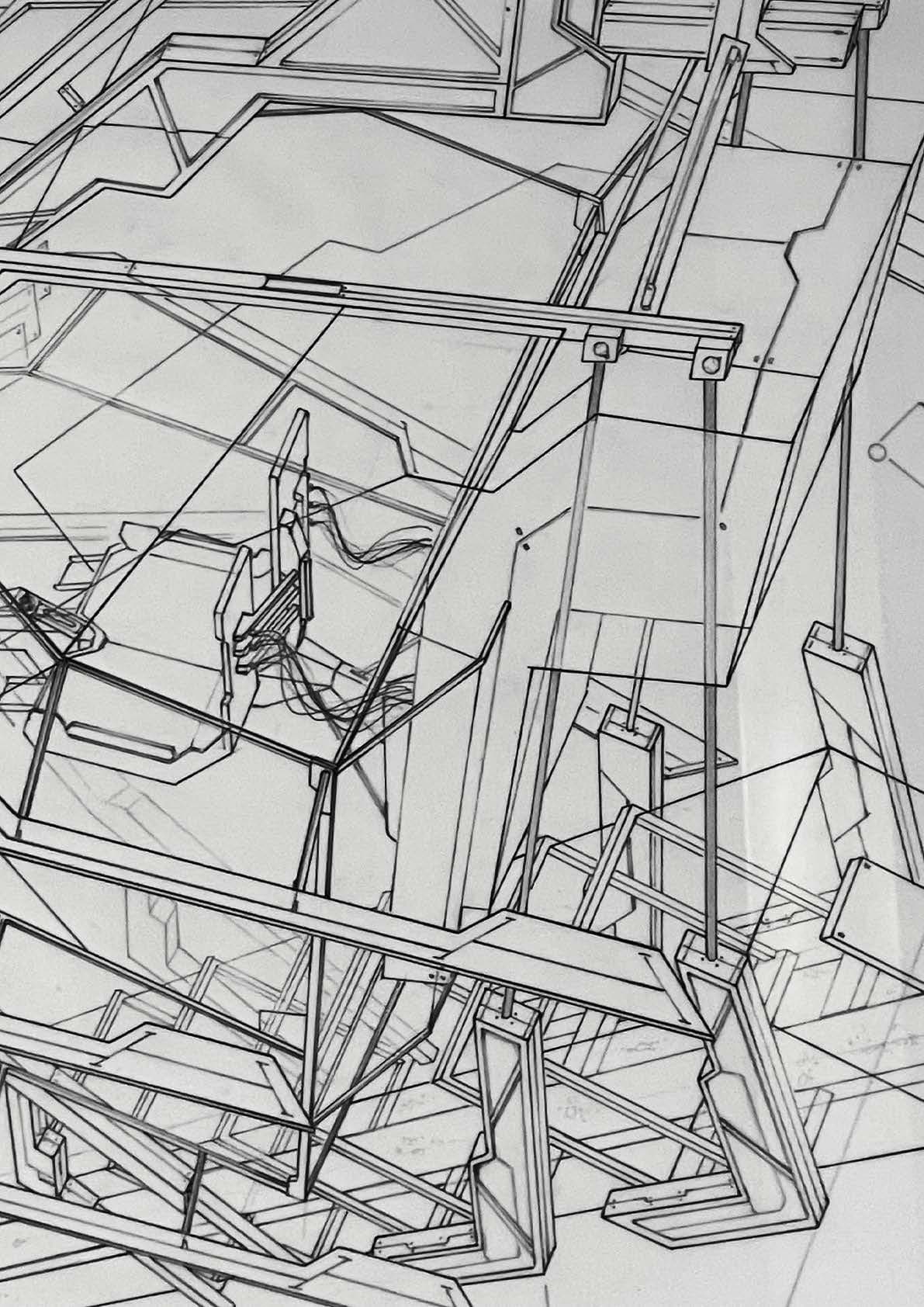 Capsule interior detail — the service console and umbilical cables that tie the dwelling into the tower's nutrition and data supply